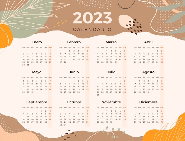 スペイン語で手描きの 2023 年カレンダー テンプレート