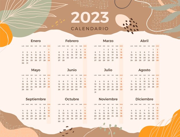 Нарисованный вручную шаблон календаря 2023 года на испанском языке