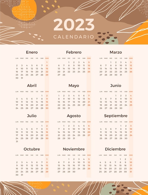 Modello di calendario 2023 disegnato a mano in spagnolo