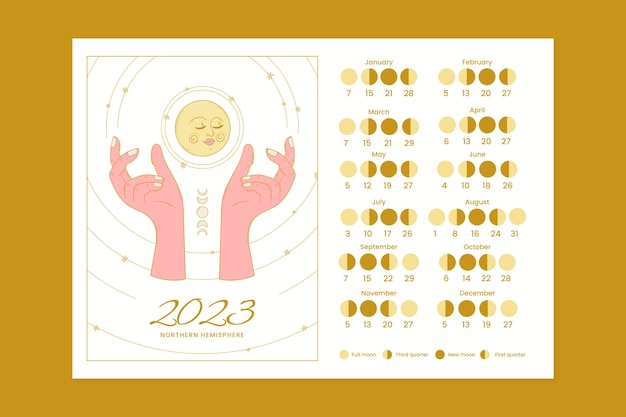 Vettore gratuito modello di calendario lunare 2023 disegnato a mano