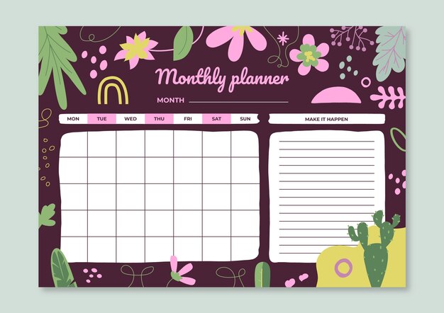 Hand drawn 2023 monthly planner calendar template