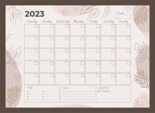 Нарисованный вручную шаблон календаря ежемесячного планировщика на 2023 год