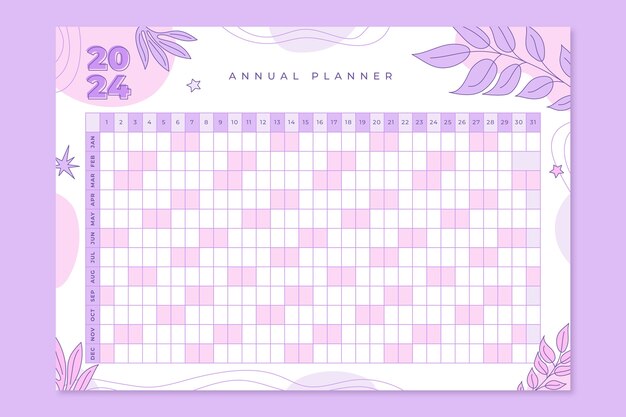 Hand drawn 2024 annual calendar template with leaves