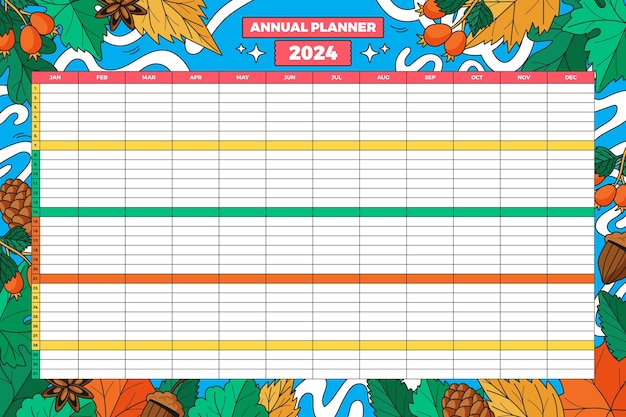 Vettore gratuito modello di calendario annuale 2024 disegnato a mano