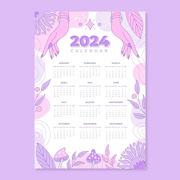 hand drawn 2024 calendar template with esoteric elements and abstract shapes