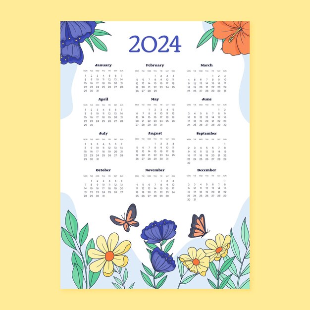 Hand drawn 2024 calendar template with flowers and insects