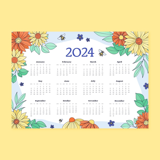 Vettore gratuito modello di calendario 2024 disegnato a mano con fiori e insetti