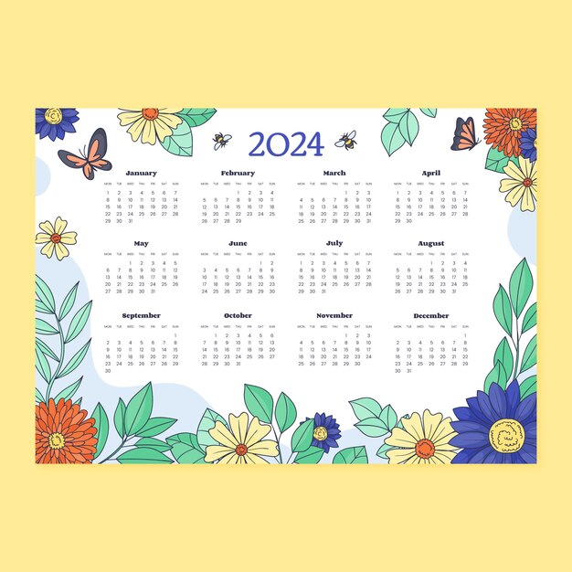 Hand drawn 2024 calendar template with flowers and insects