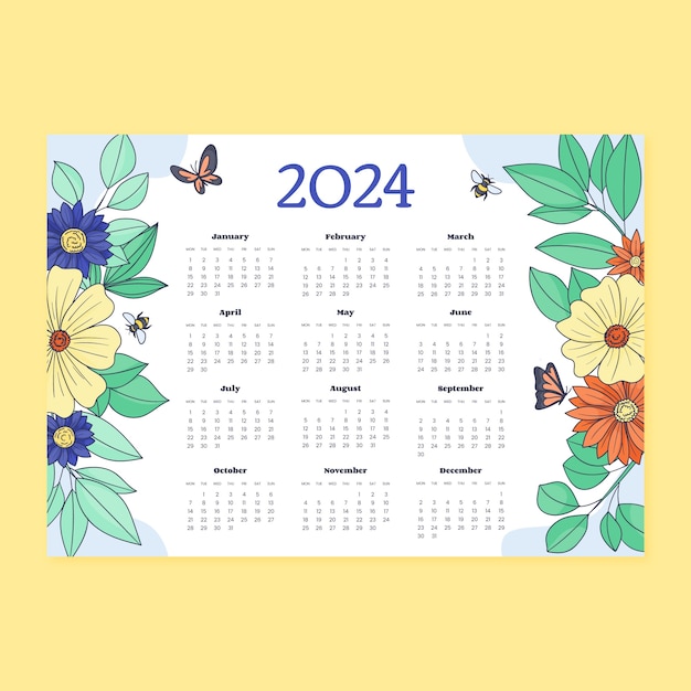 Modello di calendario 2024 disegnato a mano con fiori e insetti