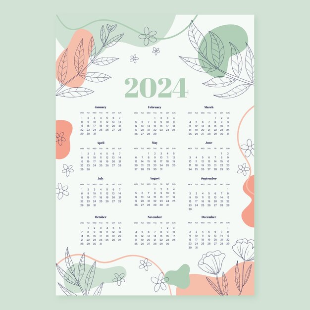 Hand drawn 2024 calendar template with leaves and abstract shapes