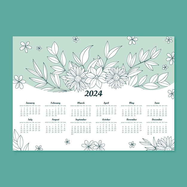 Бесплатное векторное изображение Нарисованный вручную шаблон календаря 2024 года с листьями и цветами