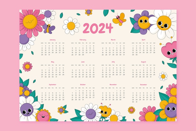 Modello di calendario per il 2024 disegnato a mano