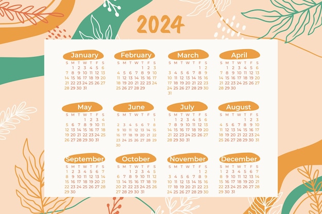 手描きの2024年のカレンダーのテンプレート