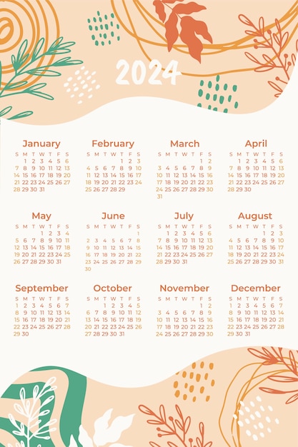 Free vector hand drawn 2024 calendar template