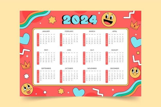 Ручно нарисованный шаблон календаря на 2024 год