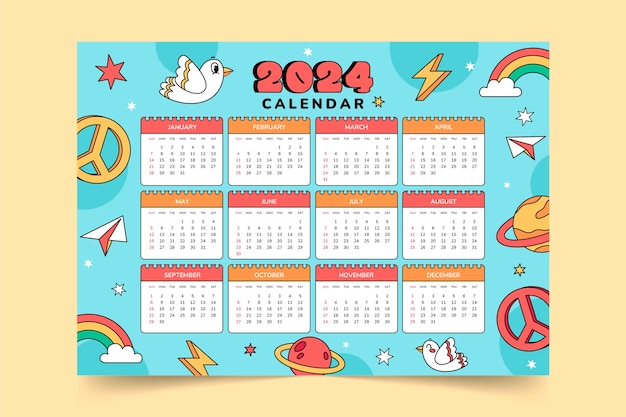 Vettore gratuito modello di calendario del 2024 disegnato a mano