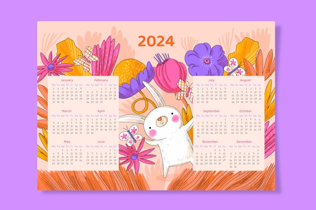 Vettore gratuito modello di calendario 2024 disegnato a mano