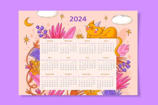 Vettore gratuito modello di calendario 2024 disegnato a mano