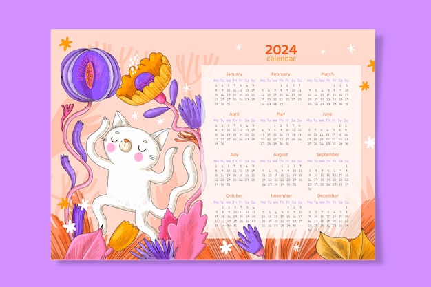 Hand drawn 2024 calendar template