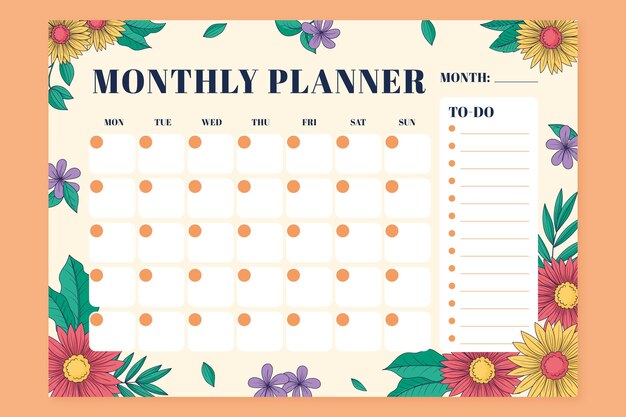 Hand drawn 2024 monthly planner template with flowers