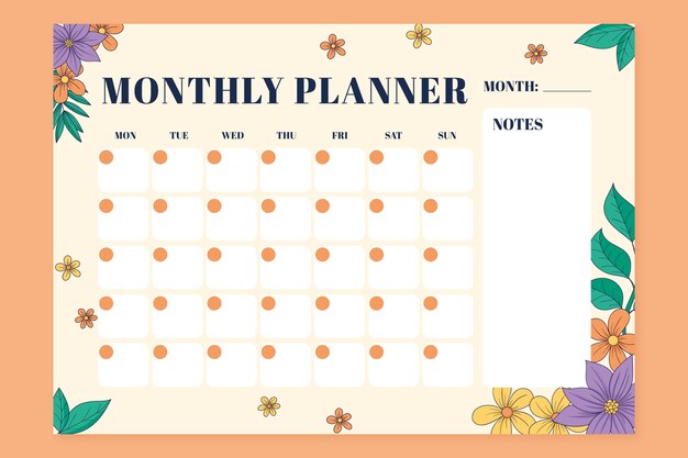 Hand drawn 2024 monthly planner template with flowers