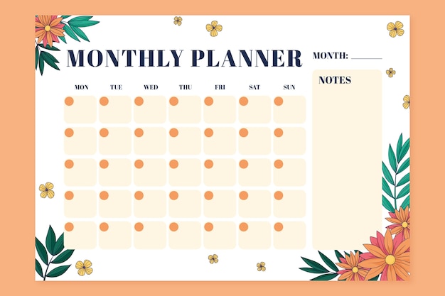 Free vector hand drawn 2024 monthly planner template with flowers