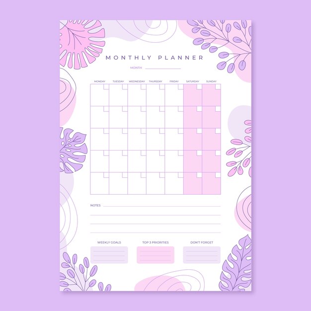 Hand drawn 2024 monthly planner template with leaves and vegetation