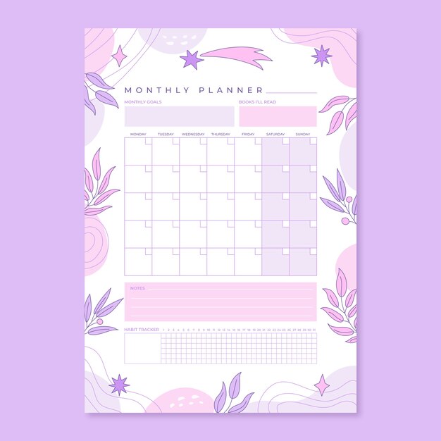 Hand drawn 2024 monthly planner template with leaves and vegetation