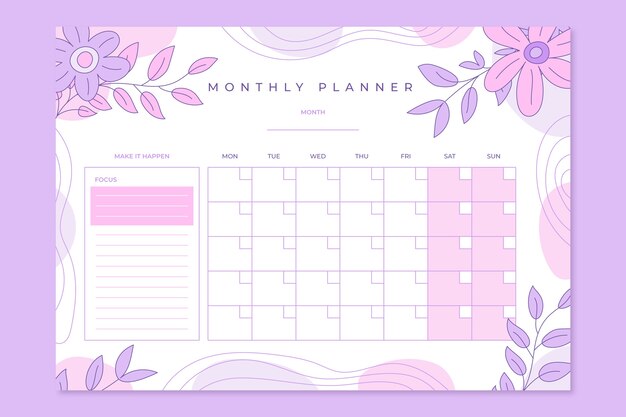Hand drawn 2024 monthly planner template with leaves and vegetation
