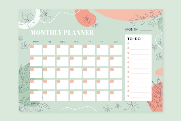 Hand drawn 2024 monthly planner template with leaves and vegetation