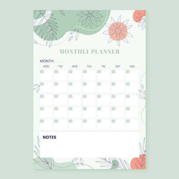 Hand drawn 2024 monthly planner template with leaves and vegetation