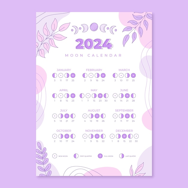 Free vector hand drawn 2024 moon calendar template with esoteric elements