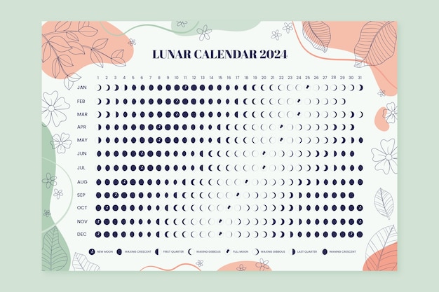 無料ベクター 葉と植生を持つ手描きの 2024 年の月カレンダー テンプレート