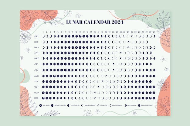 葉と植生を持つ手描きの 2024 年の月カレンダー テンプレート