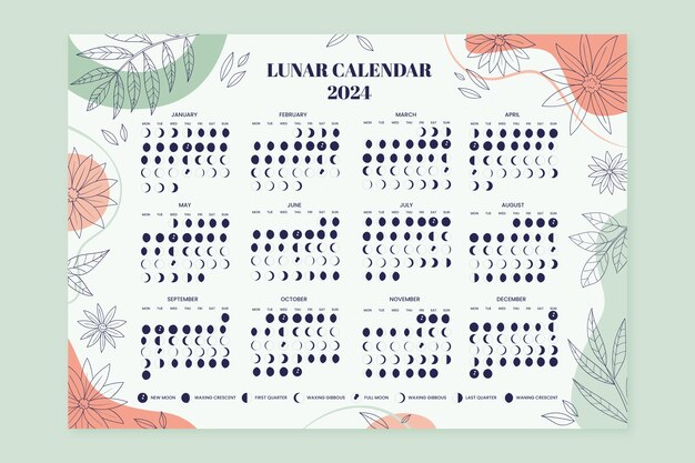 Hand drawn 2024 moon calendar template with leaves and vegetation