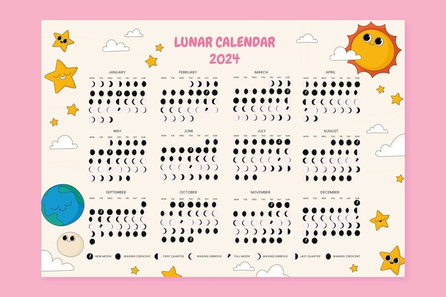 Free vector hand drawn 2024 moon calendar template