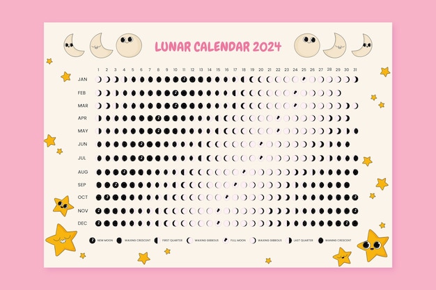 Free vector hand drawn 2024 moon calendar template