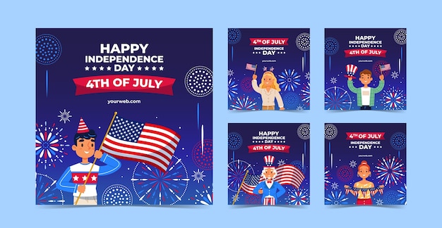 Hand drawn 4th of july instagram posts set