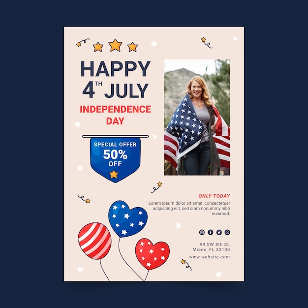 Hand drawn 4th of july vertical poster template