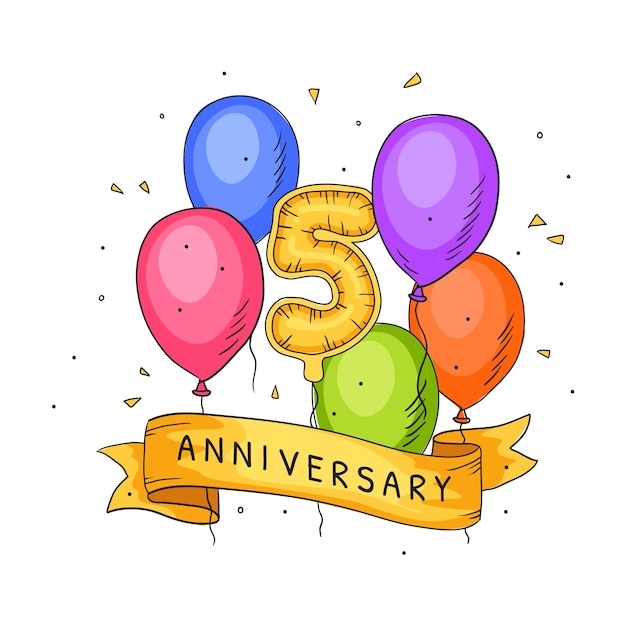 Vettore gratuito anniversario o compleanno di 5 anni disegnato a mano