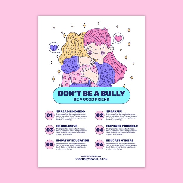 Hand drawn 6 steps to prevent bullying: anti bullying poster