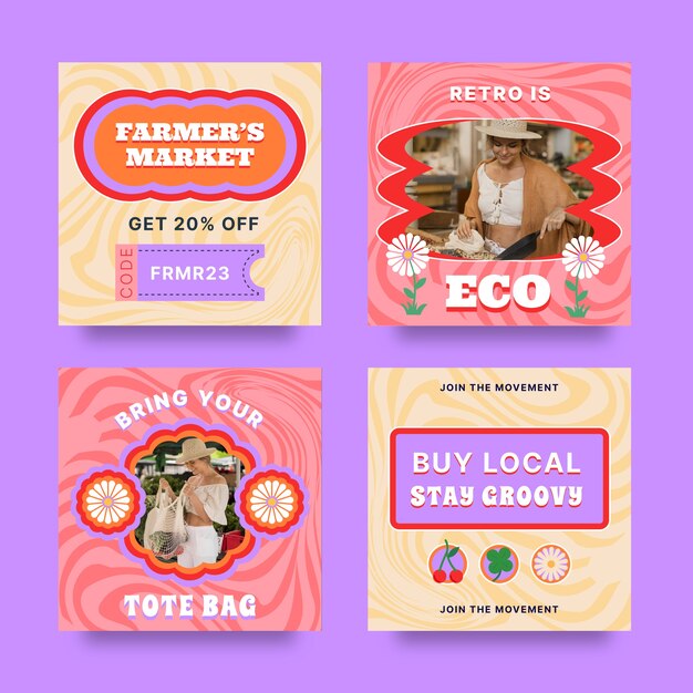 Hand drawn 70s style instagram posts template