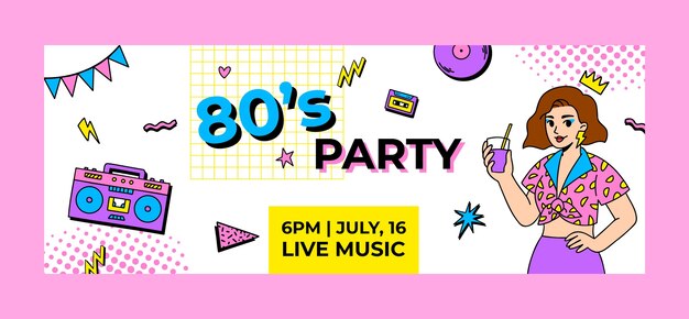 Нарисованная рукой обложка facebook празднования вечеринки 80-х