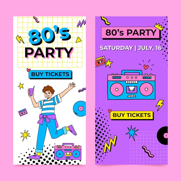 Free vector hand drawn 80s party celebration vertical banner