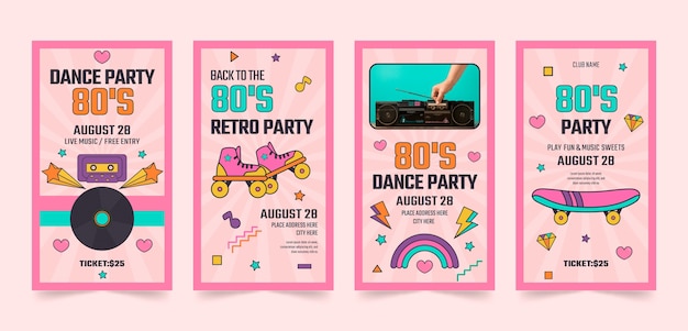 Free vector hand drawn 80s party instagram stories template