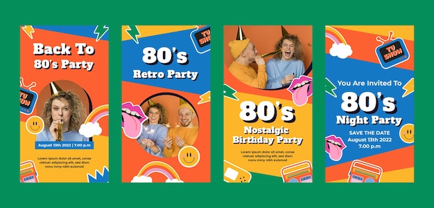 無料ベクター 手描きの80年代のパーティーのinstagramの物語