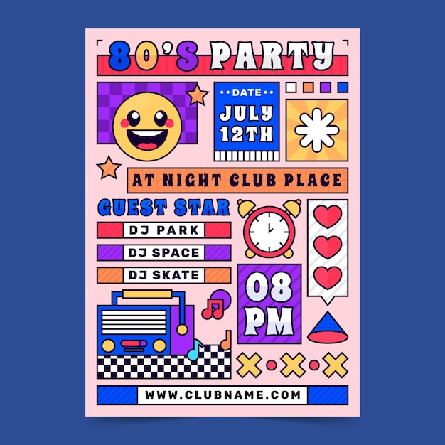 Hand drawn 80s party vertical poster template