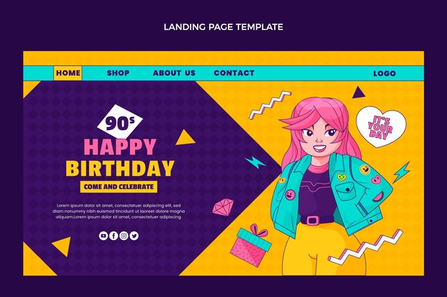 Hand drawn 90s birthday landing page template