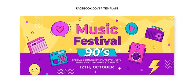 Vettore gratuito copertina facebook del festival musicale anni '90 disegnata a mano