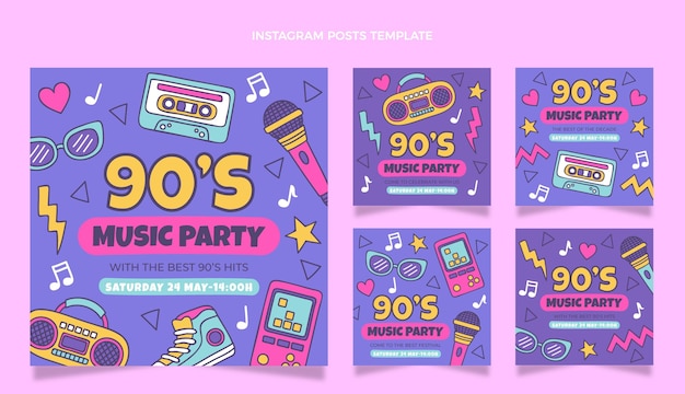 Бесплатное векторное изображение Ручной обращается музыкальный фестиваль 90-х в instagram